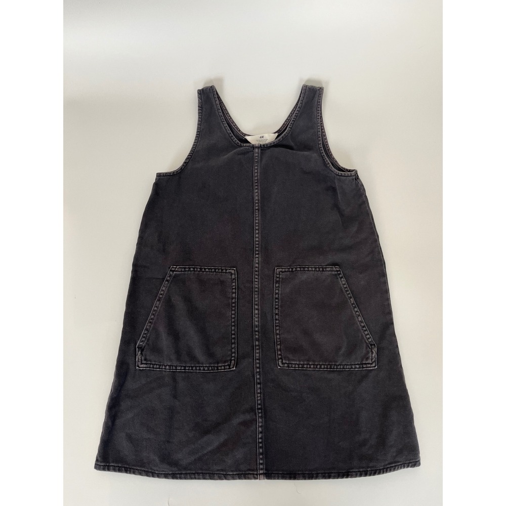 HM Girls Washed Black Denim Pinafore Jumper Dress Size 10 Front Pockets